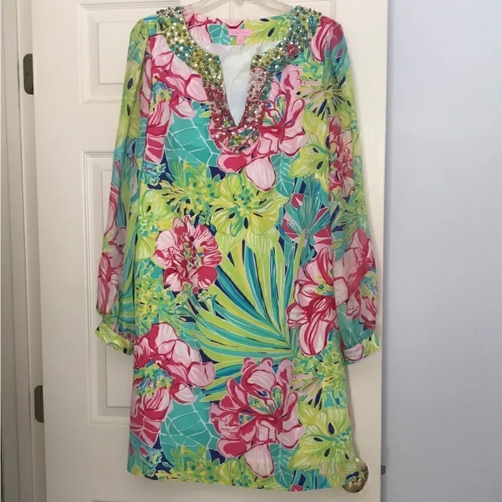 Lilly Pulitzer Silk Saemus Dress in Schooner Blue Land Escape Print Size 2